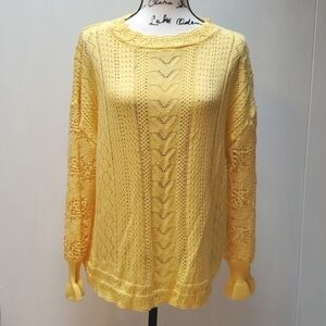 Women's Butter Yellow Crochet Cable Knit Sweater Open Sleeve Details  Sz.L